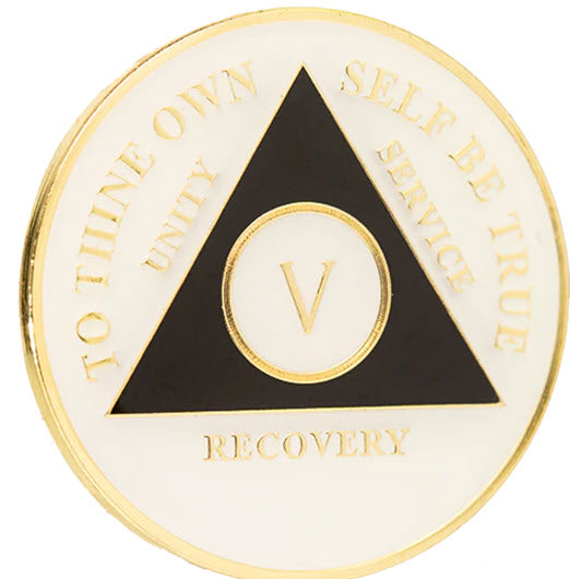 10 Year AA Medallion White Glow In The Dark Black Triangle Tri-Plate Sobriety Chip