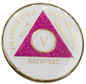 10 Year AA Medallion White Glow In The Dark Pink Glitter Triangle Tri-Plate Sobriety Chip