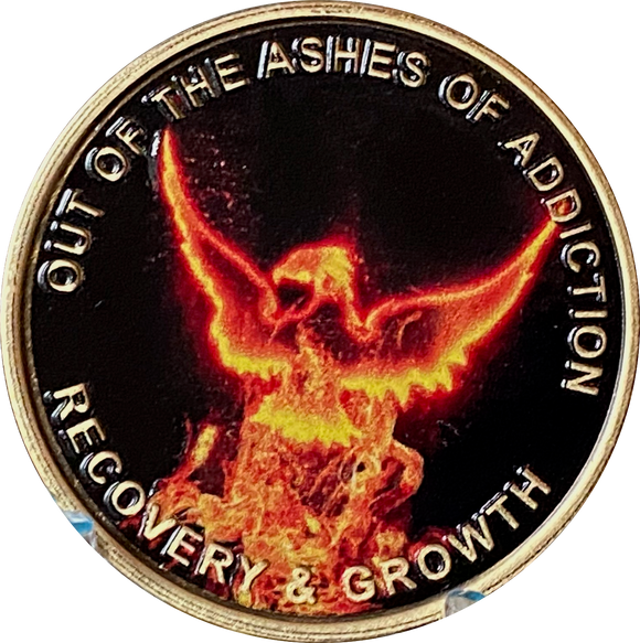Out of The Ashes of Addiction Color Phoenix Rising from Flames Sobriety Medallion