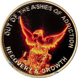 Out of The Ashes of Addiction Color Phoenix Rising from Flames Sobriety Medallion