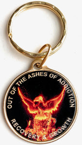 Out of The Ashes of Addiction Color Phoenix Rising from Flames Sobriety Keychain