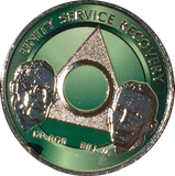 AA Founders Any Year 1 - 65 Medallion Green & Nickel Plated Chip Bill W Dr Bob - RecoveryChip