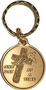 Wood Cross With Rose One Day At A Time Keychain AA NA - RecoveryChip