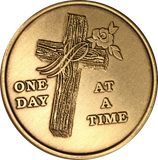 Wood Cross With Rose One Day At A Time Medallion Sobriety Chip AA NA - RecoveryChip