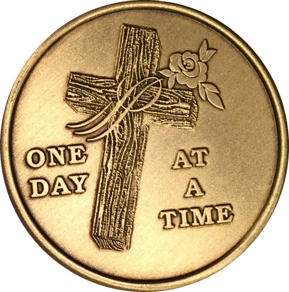 Wood Cross With Rose One Day At A Time Medallion Sobriety Chip AA