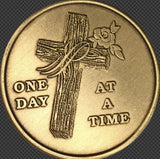 Bulk Roll Of 25 Wood Cross With Rose One Day At A Time Medallion Sobriety Chip AA NA