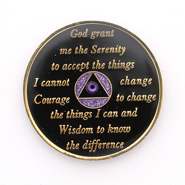 Crystal AA Medallion Purple Glitter Tri-Plate Sobriety Chip Year 1