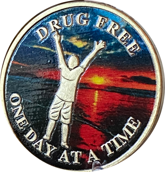 Drug Free One Day At A Time Medallion Person On Beach Sunrise Chip