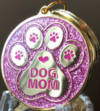 Dog Mom Paw Print Keychain Pink Glitter Gold Plated Pawprint Heart Design - RecoveryChip