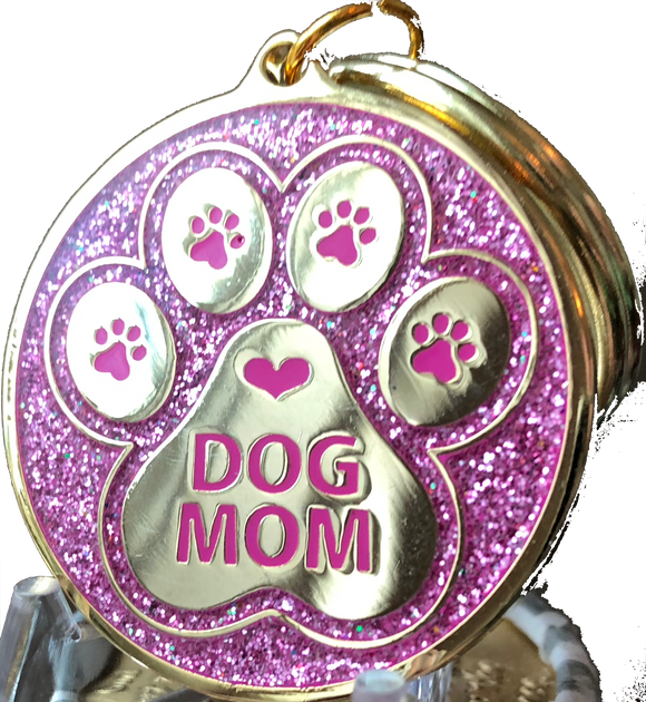 Dog Mom Paw Print Keychain Pink Glitter Gold Plated Pawprint Heart Design - RecoveryChip