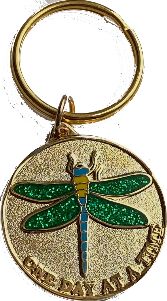Dragonfly Green Glitter and Gold One Day At A Time Keychain