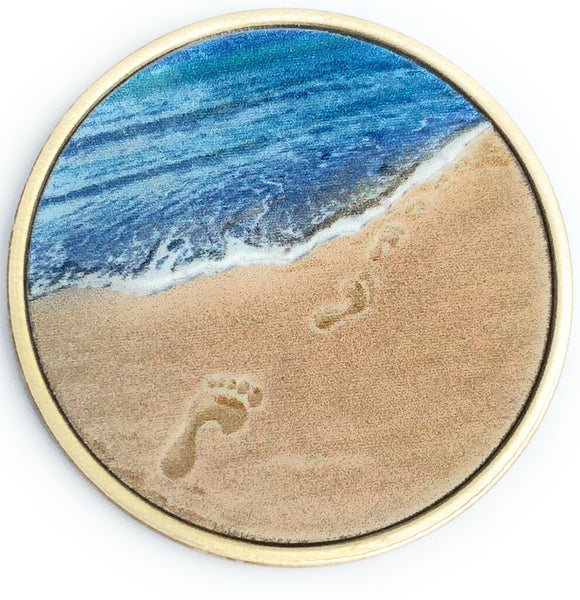 Tropical Blue Footprints In The Sand Bronze Medallion Chip Pocket Token - RecoveryChip
