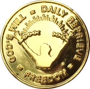 God's Will = Daily Reprieve = Freedom - AA Alcoholics Anonymous Spiritual Condition Gold Plated Sobriety Medallion RecoveryChip Design - RecoveryChip