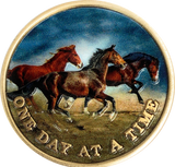 Brown Horses Galloping One Day At A Time Color Serenity Prayer Medallion Coin