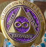 Infinity Eternal AA Medallion Elegant Purple Glitter Gold Sobriety Chip Coin