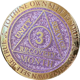 1 2 3 6 9 or 18 Month AA Medallion Reflex Purple Lavender Glitter Gold Plated Sobriety Chip