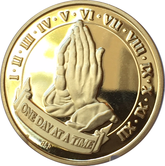 Praying Hands One Day At A Time 22k Gold Plated AA Medallion Chip Serenity Prayer Years 1-12 - RecoveryChip