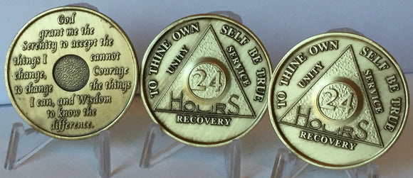 Bulk Lot of 3 Bronze 24 Hours AA Medallions Serenity Prayer Sobriety Chips - RecoveryChip
