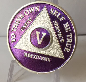 Purple Silver Plated AA Alcoholics Anonymous Medallion Chip Year 1 - 65 All Years Available - RecoveryChip