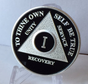 Black Silver Plated AA Alcoholics Anonymous Medallion Sobriety Chip Any Year 1 - 65 - RecoveryChip