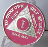 Pink Silver Plated AA Alcoholics Anonymous Medallion Chip Year 1 - 65 - RecoveryChip