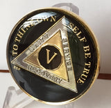 Classic Black AA Alcoholics Anonymous Medallion Chip Tri-Plate Gold & Nickel Plated Year 1-30 Years BSP - RecoveryChip