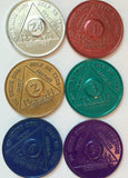 Set of 6 Aluminum Colored AA Alcoholics Anonymous Medallions Months 1 2 3 6 9 and 24 Hours Chips - RecoveryChip