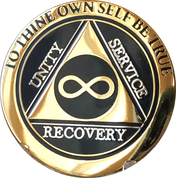 Infinity Eternal AA Medallion Elegant Black Gold Alcoholics Anonymous Sobriety Chip Coin - RecoveryChip