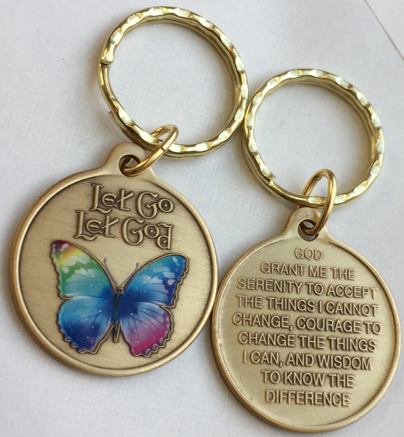 Let Go Let God Color Butterfly Bronze Serenity Prayer Keychain - RecoveryChip