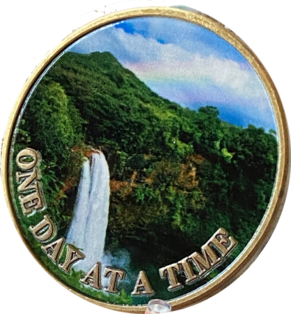 Rainbow Waterfall Hawaii Mountain One Day at A Time Medallion Serenity Prayer Chip…