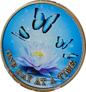 Butterflies Purple Lotus Flower One Day at A Time Medallion Serenity Prayer Chip