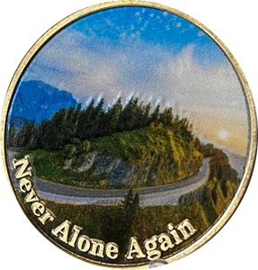 Never Alone Again Medallion Color Mountain Road Scene Sobriety Chip