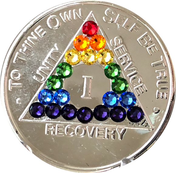 Rainbow Swarovski Crystal AA Medallion Nickel Plated Sobriety Chip Year 1 - 56 - RecoveryChip