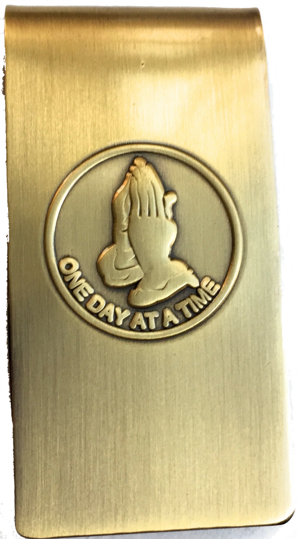 Praying Hands One Day At A Time Brass Sobriety Money Clip - RecoveryChip