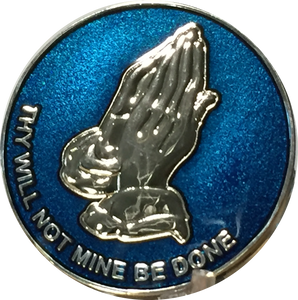 Praying Hands Thy Will Not Mine Be Done Blue Silver Plated Medallion Chip RecoveryChip Design - RecoveryChip
