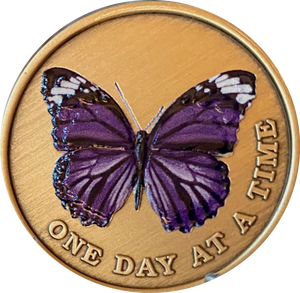 Purple Butterfly One Day At A Time Serenity Prayer Medallion Coin