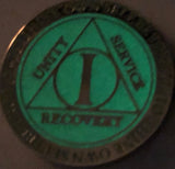 1 2 3 4 or 5 Year AA Medallion Reflex Glow In The Dark Green Dayglow Sobriety Chip - RecoveryChip