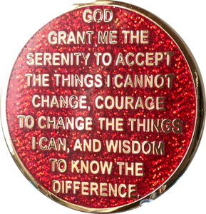 1 Year AA Medallion Reflex Glitter Red Gold Plated Sobriety Chip - RecoveryChip