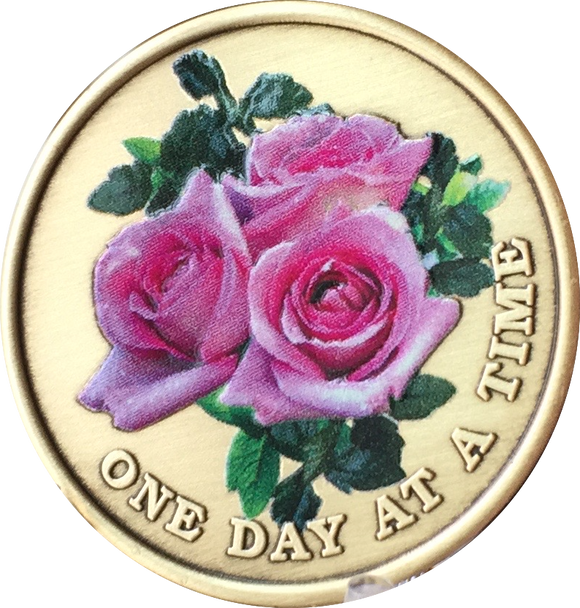 Pink Rose One Day At A Time Medallion Sobriety Chip AA NA - RecoveryChip