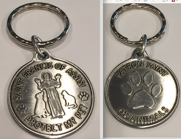 Saint Francis of Assisi Protect My Pet Key Chain Dog Pewter Color Patron Saint Of Pets RecoveryChip Design - RecoveryChip