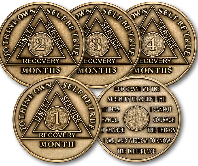 Set of Bronze AA Coins and Keychain Holder | Sobriety Chips for Month 1-11,  1 Year, 24-Hour | Sober Recovery Gift of AA Medallions with Serenity