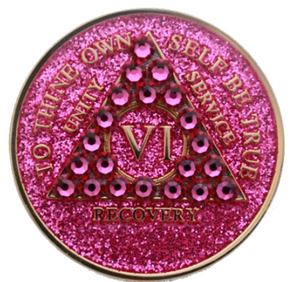 Crystallized AA Medallion Pink Glitter Tri-Plate Sobriety Chip Year 1 - 50 - RecoveryChip