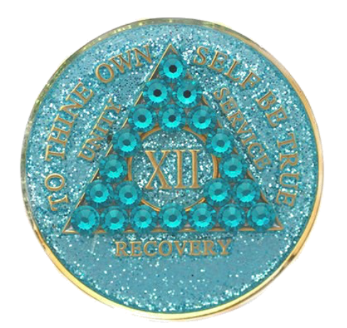 Crystallized AA Medallion Aqua Blue Glitter Tri-Plate Sobriety Chip Year 1 - 50 - RecoveryChip