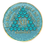 Crystallized AA Medallion Aqua Blue Glitter Tri-Plate Sobriety Chip Year 1 - 50 - RecoveryChip