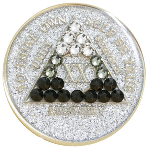 1 - 40 Year AA Medallion Silver Glitter Black Transition Swarovski Crystal Tri-Plate Sobriety Chip