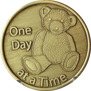 Teddy Bear One Day At A Time Serenity Prayer Bronze Medallion Sobriety Chip - RecoveryChip