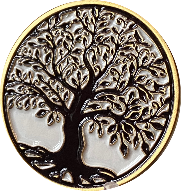 Sakura Cherry Tree Of Life White and Black On Bronze Spiritual Medallion Sobriety Chip