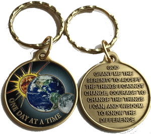 Universe Color One Day At A Time Keychain Serenity Prayer Earth Sun Moon - RecoveryChip