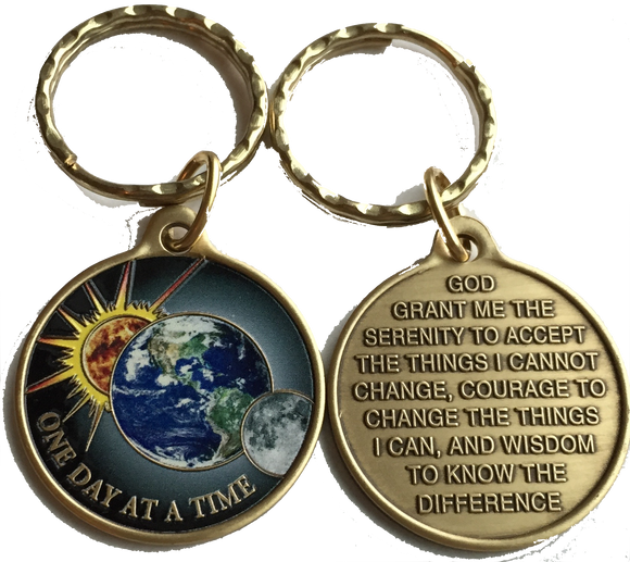 Universe Color One Day At A Time Keychain Serenity Prayer Earth Sun Moon - RecoveryChip