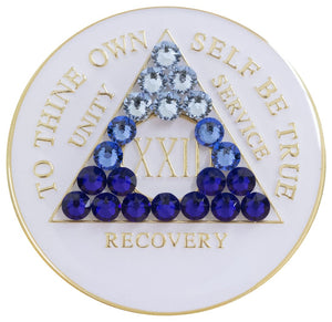 1 - 40 Year White AA Medallion Blue Transition Swarovski Crystal Sobriety Chip